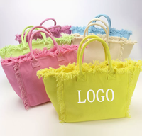 Tas Pantai Tote Besar Warna-Warni Modis Kapasitas Besar dengan Logo DIY dan Rumbai, Tas Jinjing Portabel dengan Resleting untuk Perjalanan dan Belanja