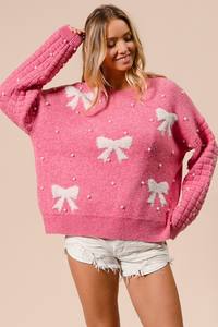 2025 Top de suéter de mujer con lazo texturizado personalizado para el Día de San Valentín con perlas - Product Image 5