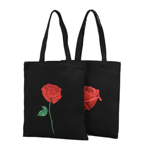 日常生活高品质棉黑玫瑰图案生态袋小钱包购物手提袋带拉链购物棉包