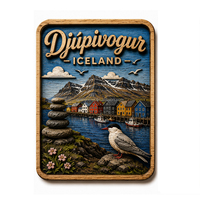 Imán de nevera de madera con sublimación de recuerdo de Puffin Djupivogur, Islandia, ciudad costera, logotipo personalizado, imán de nevera de madera de 3 capas