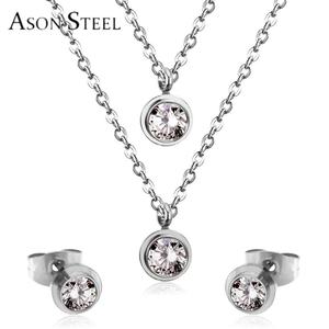 Ensemble de bijoux en acier inoxydable à prix de gros, collier et boucles d'oreilles pendantes de forme ronde avec zircon et double chaîne pour femmes - Product Image 4