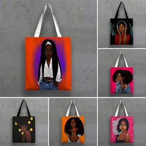 Custom African American Canvas Handbag with Cartoon Pattern Logo for African Girls Gift Bags with Personalized Logo