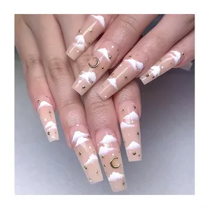 Sky Design Long Coffin False nails Nude Nails Tips Paint White Cloud Stick Star Moon Supply Custom OEM Wholesale Fake Nails