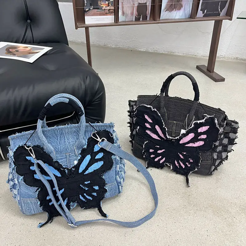 Summer Fashion Cartoon Butterfly Denim Casual Large Capacity Y2K Vintage Chic Shoulder Bags