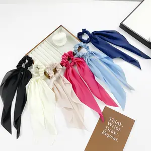 Fábrica Bufanda para el cabello Scrunchies Lazos para el cabello para mujeres Bebés Niñas Arco Oreja de conejo Satén Bowknot Elástico Hair Bow Tie Ponytail Holder