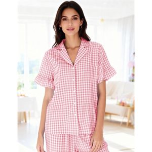 Womens Plaid Pajamas Set 2 Piece Cotton Short Sleeve Button <b>Down</b> Shirt Gingham <b>Pants</b> Ruffled Hem Lounge Wear Sleepwear - Product Image 5