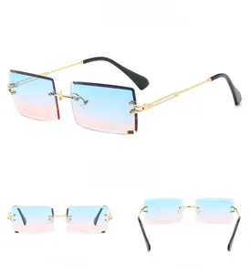 Fashion Newest Women Vintage Diamond Cut Ocean Lens Sun Glasses Small Rimless Rectangle Sunglasses 2021