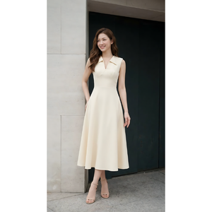 Ready To Ship Women Cream Elegant Sleeveless Midi <b>Dress</b> <b>Shirt</b> Collar Slim Fit A Line <b>Dress</b> For Office OEM ODM Best Seller - Product Image 1