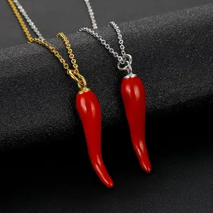 NUORO Edelstahl Gold Silber Linkkette Öl tropfender Chili-Pfeffer-Halsband rote Farbe italienisches Horn Statement-Halsband