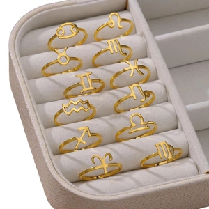 Joyería personalizada para hombres y mujeres, anillos ajustables de acero inoxidable chapados en oro, anillo de pareja con forma de 12 signos del zodiaco - Product Image 1