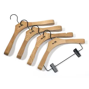 Lindon Custom Logo Chestnut Color Luxury Wooden Clothes Coat Hanger with Black Hook