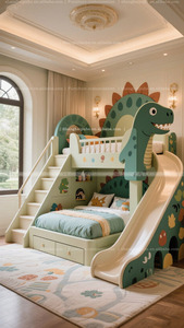 Giường khủng long Thiết kế tùy chỉnh phòng trẻ em theo chủ đề khủng long. Phòng trẻ em có cầu trượt, giường tầng có ngăn chứ<span class=keywords><strong>a</strong></span> đồ - Product Image 2