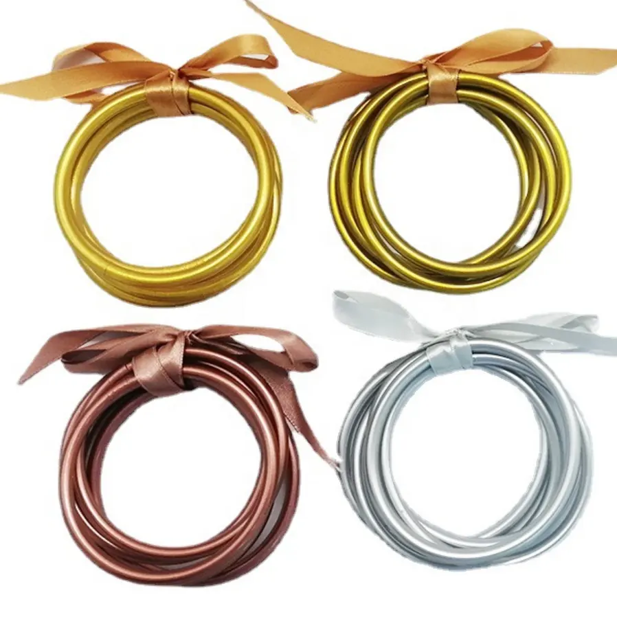 Plastic Silver Gold Glitter Filled Stack Silicone Bangle Set With Silk Ribbon Jelly Bangles Tube Wristband Bracelet