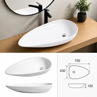 Lavabo Ovale Moderne 750mm Grand Format Asymétrique Effet Galet, Lavabo Céramique Artistique à Poser 120mm à Profil Bas pour Salle de Bain, Projet Hôtelier de Luxe
