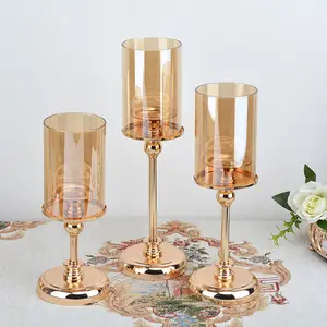 Home Decoration Living Room Glass Candle Holder glasses for candles Wedding Centerpieces Table Gold Metal Candlesticks