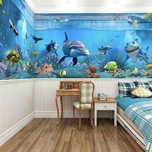 Mural de Pared 3D Art Deco, Mundo Submarino, Animales Oceánicos, Delfín, Tiburón, Tortuga, Coral, Papel Tapiz para Piscina, Acuario Infantil, Decoración de Interiores - Product Image 6