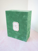 Boîte d'invitation de mariage de luxe en velours vert à double porte, carte en papier floral personnalisée avec monogramme, boîtes cadeaux pour invitation de fête de bienvenue
