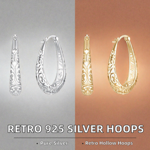 925 Sterling <b>Silver</b> Hollow Hoop Earrings Retro Filigree Oval Drop Earrings- for Women Party Wedding Jewelry - Product Image 2