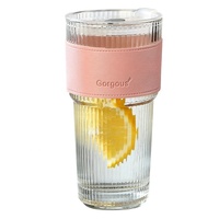 Gobelet à paille rabattable en verre renforcé, design moderne, motif vertical, avec ventouse, 400ml/600ml, au design attrayant, pour enfants