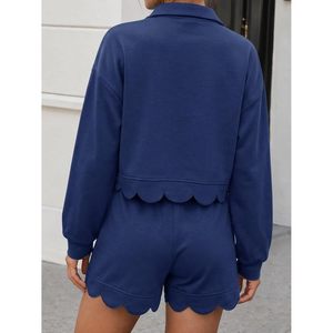 Ensemble décontracté 2 pièces pour femme : sweat-shirt court à col rond et short, couleur unie, longueur au-dessus du genou, manches longues - Product Image 4