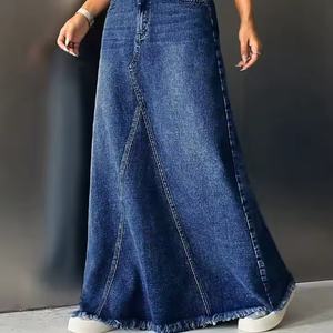 กระโปรงยีนส์คุณภาพสูงแบบ OEM สั่งทำพิเศษ สไตล์วินเทจลำลองสำหรับผู้หญิง ผ้าฝ้าย 100% ล้างสีแบบแอซิด ทำสีซีดแบบ Distressed - Product Image 1