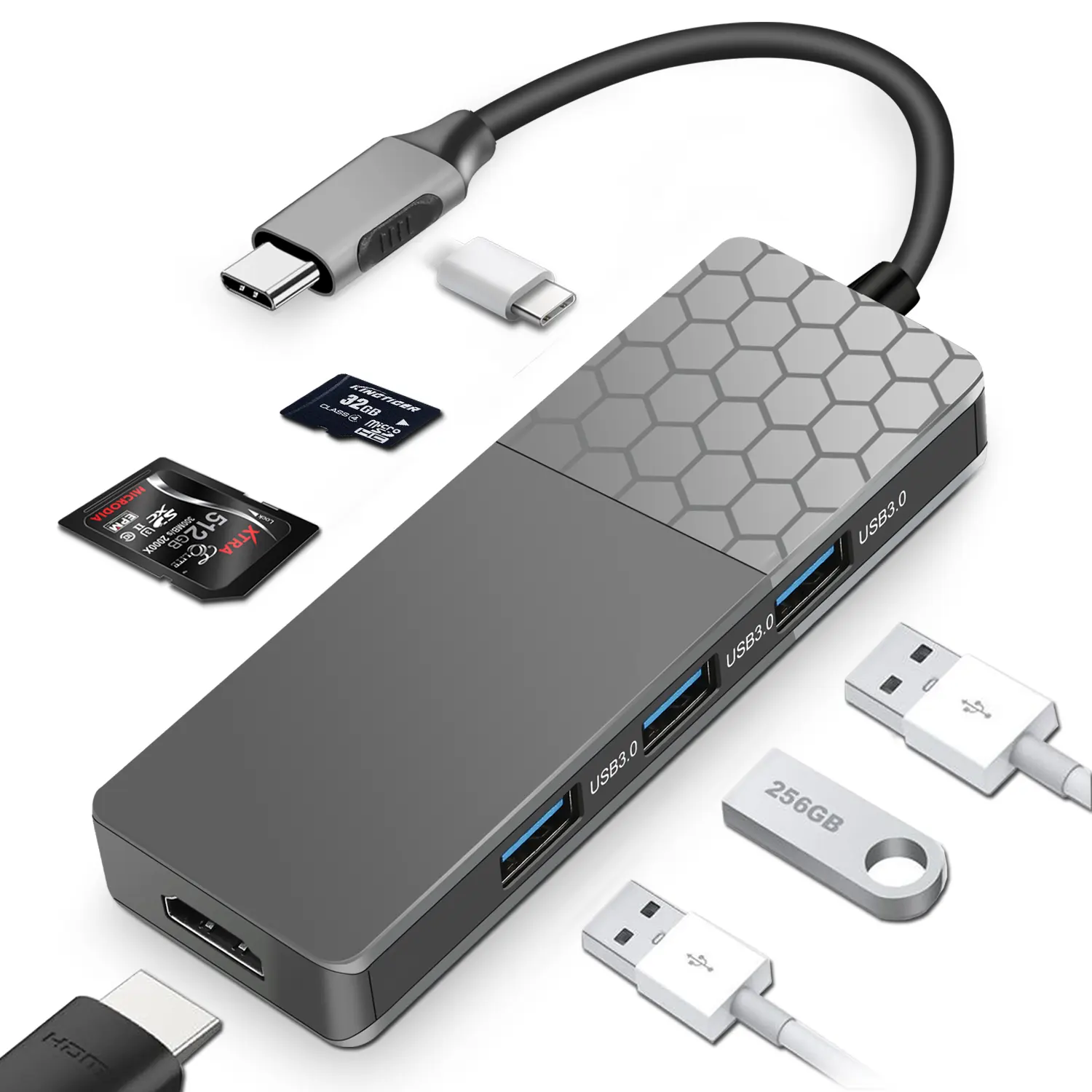 Hub Tipe C 7 in 1 USB 3.0 HDMI 4K30Hz PD SD TF, stasiun Dok Hub USB untuk Macbook Pro