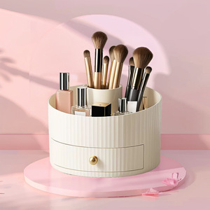 Boîte de rangement cosmétique avec tiroir, organisateur de maquillage en plastique blanc pour pinceaux, rouge à lèvres et bijoux - Product Image 3