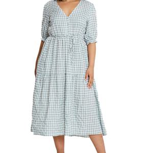Wholesale Custom OEM Hight Quality Women <b>Dress</b> Casual V-neck Short Sleeves Checkered Print Midi <b>Dress</b> - Product Image 2