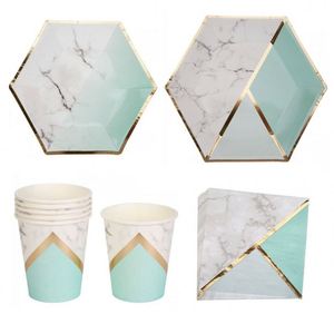 Assiettes de fête jetables en forme d'hexagone, rose et vert, avec estampage à chaud, pour décoration d'anniversaire - Product Image 5
