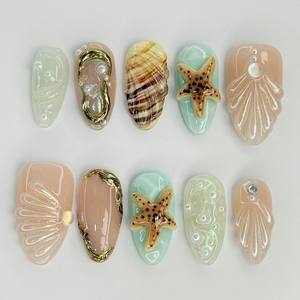 Uñas Postizas Reutilizables Hechas a Mano, Estilo Dulce, Diseño <span class=keywords><strong>de</strong></span> Conchas Marinas <span class=keywords><strong>de</strong></span> Verano, Cobertura Completa, Disponibles para Uso Diario - Product Image 1