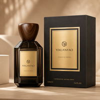 Flacon de parfum de luxe en verre de 100 ml avec bouchon en bois, étiquette métallique personnalisée et emballage cadeau haut de gamme