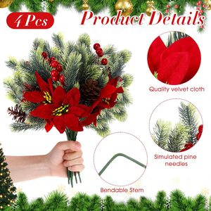 Ramo de Poinsettia Artificial con Agujas de Pino y Conos, Decoraciones Navideñas de Seda - Product Image 3