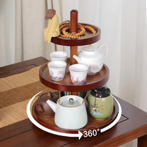 Triple Layer Wooden Tray Round Rotating Tea Set Display Rack For Afternoon Tea Dining <b>Table</b> Traditional New Chinese Style - Product Image 4