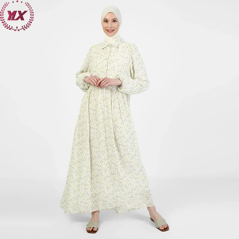 Crew Neck Puff Sleeve Floral Print Casual Lady Wedding Muslimah Borka Muslim Abaya Women Dress