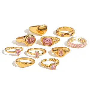 Girls vintage elegant adjustable 18k gold plated waterproof stainless steel pink zircon ring for women