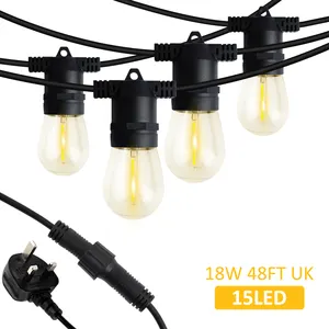 Hot Sale Outdoor LED String Lights Plug-in Edison Warm White Color Bulbs UK Plug 48FT 15 Bulbs 18W Dimmable