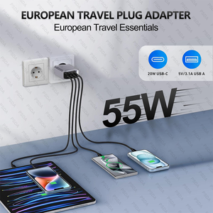 Adaptador de enchufe de viaje europeo de 55W USB C 55W USB C <span class=keywords><strong>Cargador</strong></span> europeo <span class=keywords><strong>Cargador</strong></span> rápido de 4 puertos <span class=keywords><strong>Tipo</strong></span> C <span class=keywords><strong>Cargador</strong></span> de pared Enchufe de EE. UU. a Europa - Product Image 2