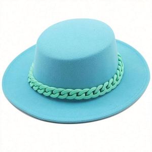 In Stock Cheap Price 100% Wool Felt Women Fedora Felt Hat Wide Brim Fedora Hats With Chain - Product Image 5