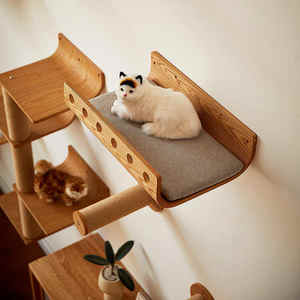 رف خشبي صلب لتسلق القطط مثبت على الحائط أثاث حائط مع وسادة مريحة للقطط للعب النوم - Product Image 1