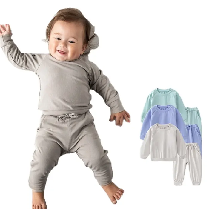 Plain Soft Color O-Neck Long Sleeves Tops Long Pants 2 Pieces beb conjuntos de ropa Bamboo 2 Piece Baby Pajamas