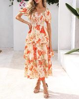 Robe en mousseline pour femme, col carré, manches courtes, imprimé floral, style décontracté, longue, à volants