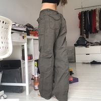Jean cargo vert olive pour femme, taille basse, coupe ample, style streetwear hip-hop, avec plusieurs poches, pantalon décontracté