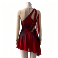 Robe de patinage artistique rouge dégradé avec strass étincelants et maille à manches longues pour enfants et adultes, idéale pour la compétition et les spectacles