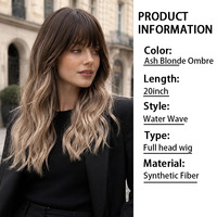 Perruque synthétique longue châtain foncé blond cendré, ondulée effet mouillé, avec frange fine, résistante à la chaleur, ligne de cheveux naturelle, sans colle, ajustable