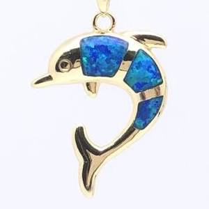 Kalung Liontin Hongqi 925 Perak Biru Blaze Opal Bentuk Lumba-lumba Berlapis Emas Rantai Link Setting Bezel Trendi Unisex Hadiah Pesta - Product Image 2