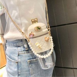 380ml 580ml Cute Rabbit Ear Plastic Water Bottle Cup Ins Girl Kids Portable Plastic Bottle <b>with</b> <b>Straw</b> Pearls Metal Chain Strap - Product Image 3