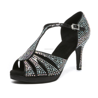 Chaussures de danse latine en satin noir LUOQIAO D035 pour femmes, plateforme épaisse, strass, talon haut fin, pour la performance et les soirées