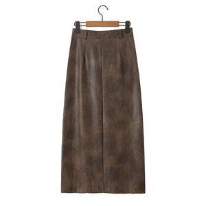 HANO 2 Colorway Front Slit Solid Color Zipper Fly Casual Fashion Long Leather Skirt pour les femmes - Product Image 3