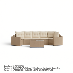 Ensemble de canapés de jardin beige en rotin, mobilier d'extérieur 6 places, design contemporain - Product Image 1