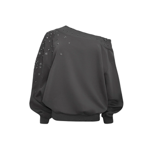 Sweat-shirt surdimensionné gris anthracite à logo personnalisé pour femme, style gothique, avec clous, épaules dénudées, rivets métalliques et œillets, manches longues - Product Image 3